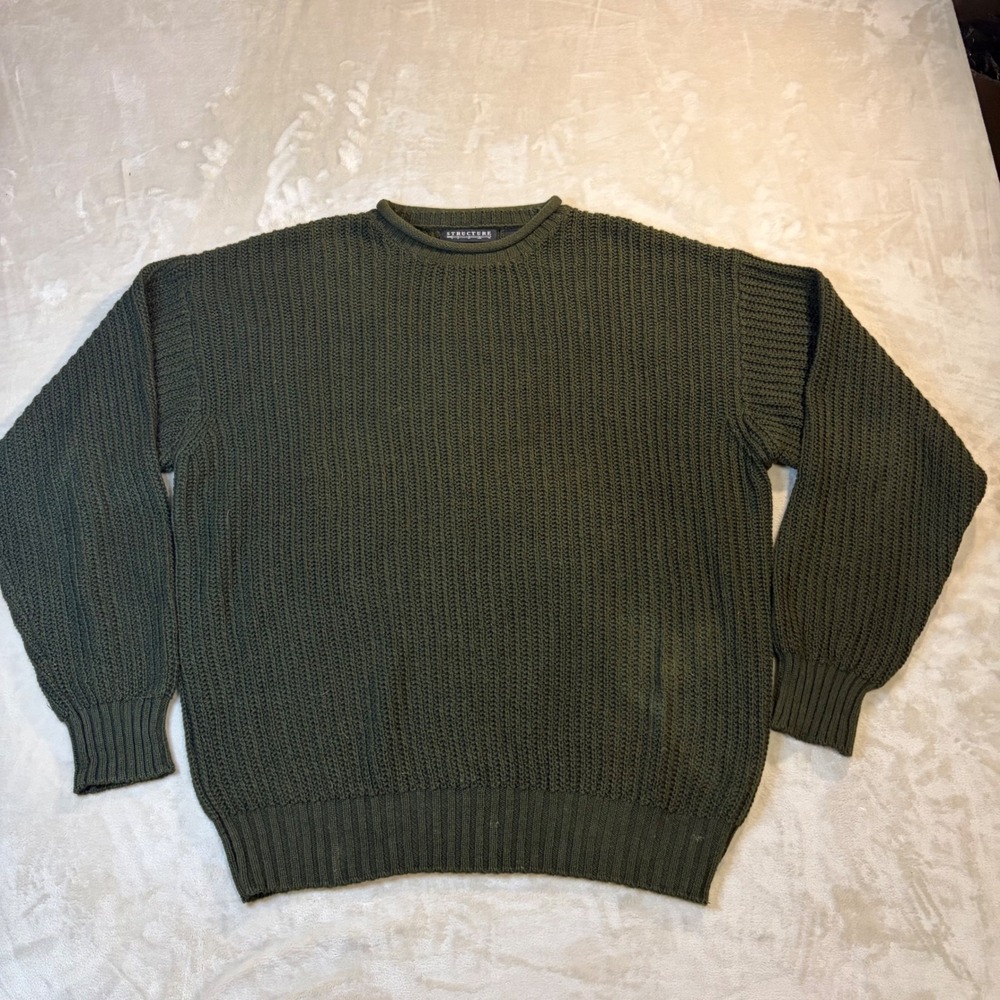 Vintage Structure Olive Green Ribbed Knit Sweater Roll neck Ramie Cotton Large